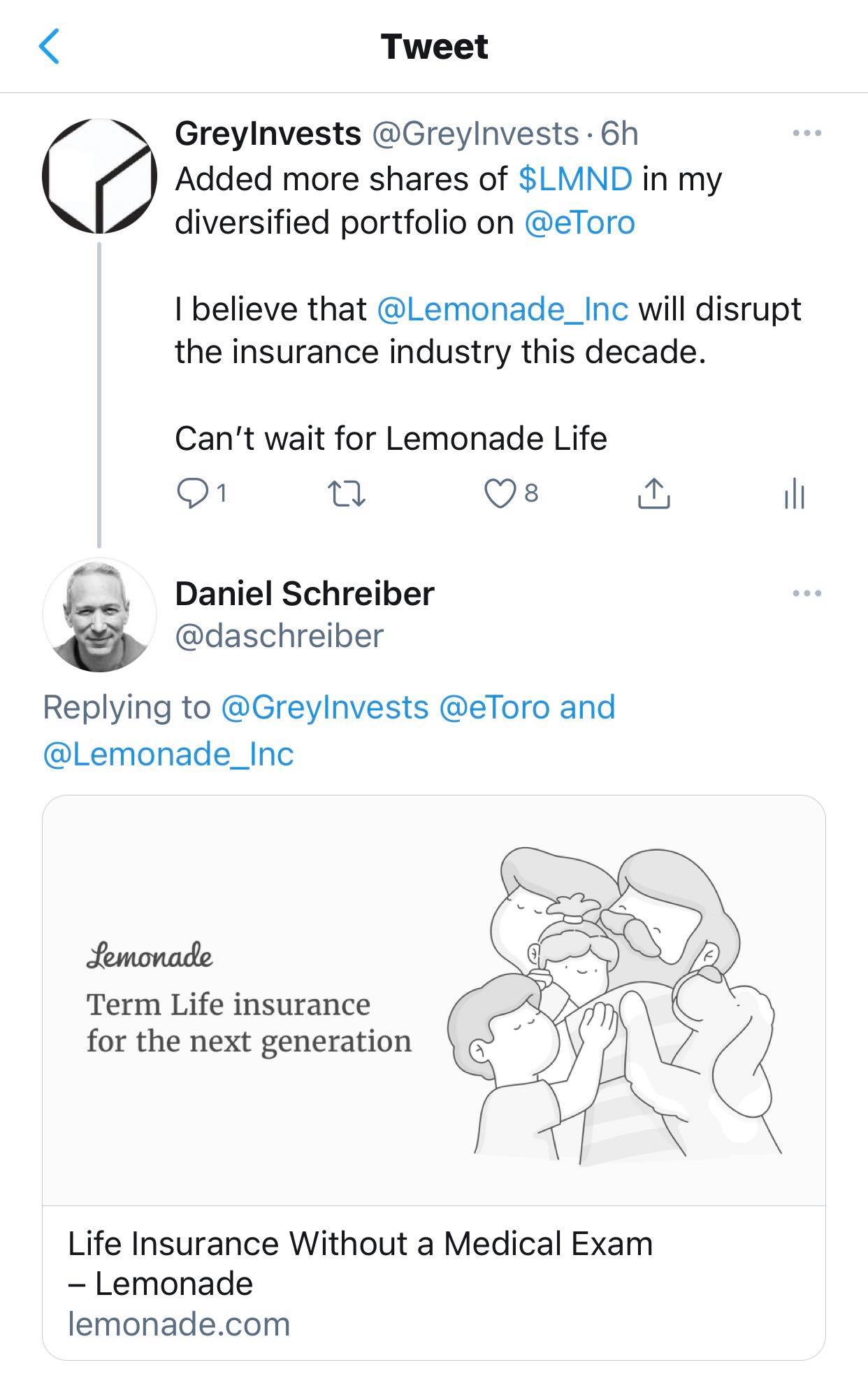 Added more NASDAQLMND shares. Lemonade CEO Daniel Schreiber confirmed