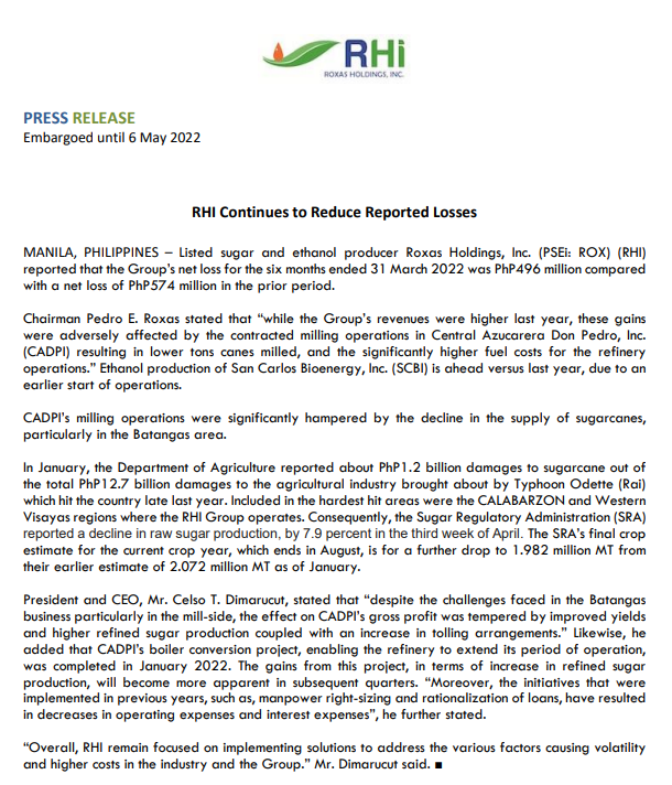 Press Release Listed sugar and ethanol producer Roxas Holdings, Inc