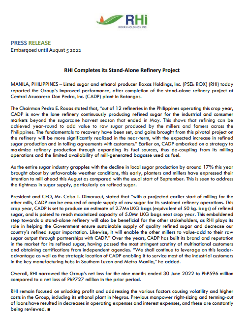 Press Release Listed sugar and ethanol producer Roxas Holdings, Inc