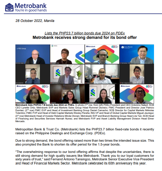 Press Release Metropolitan Bank & Trust Company receives strong demand