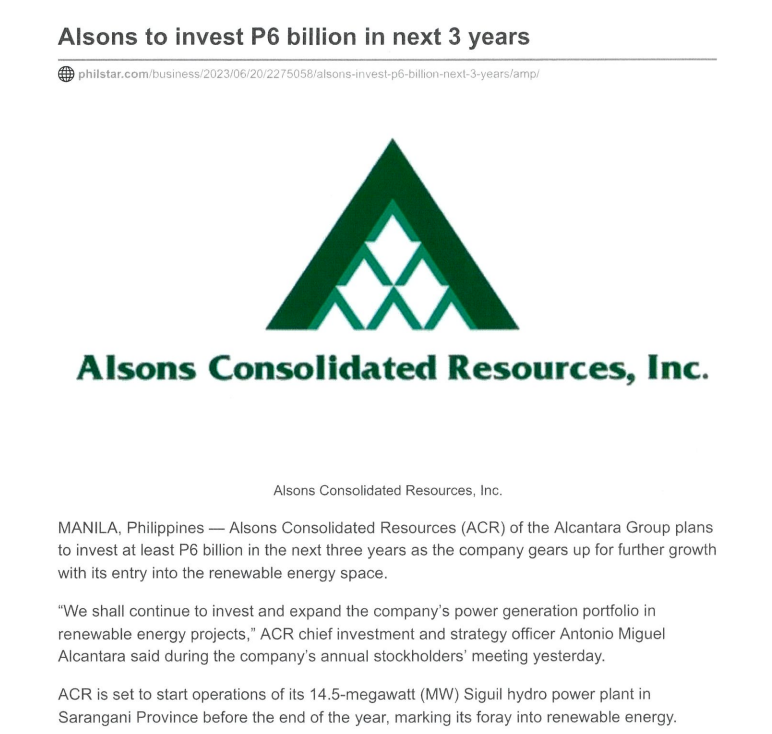 $PSE:PSE $PSE:ACR Clarification Of News Reports: Alsons To Invest P6 ...