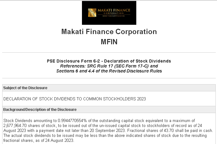 $PSE:PSE $PSE:MFIN Declaration of Stock Dividends: Makati Finance ...