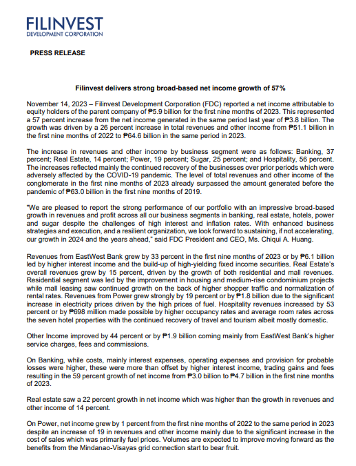 $PSE:PSE $PSE:FDC Press Release: Filinvest Development Corporation ...