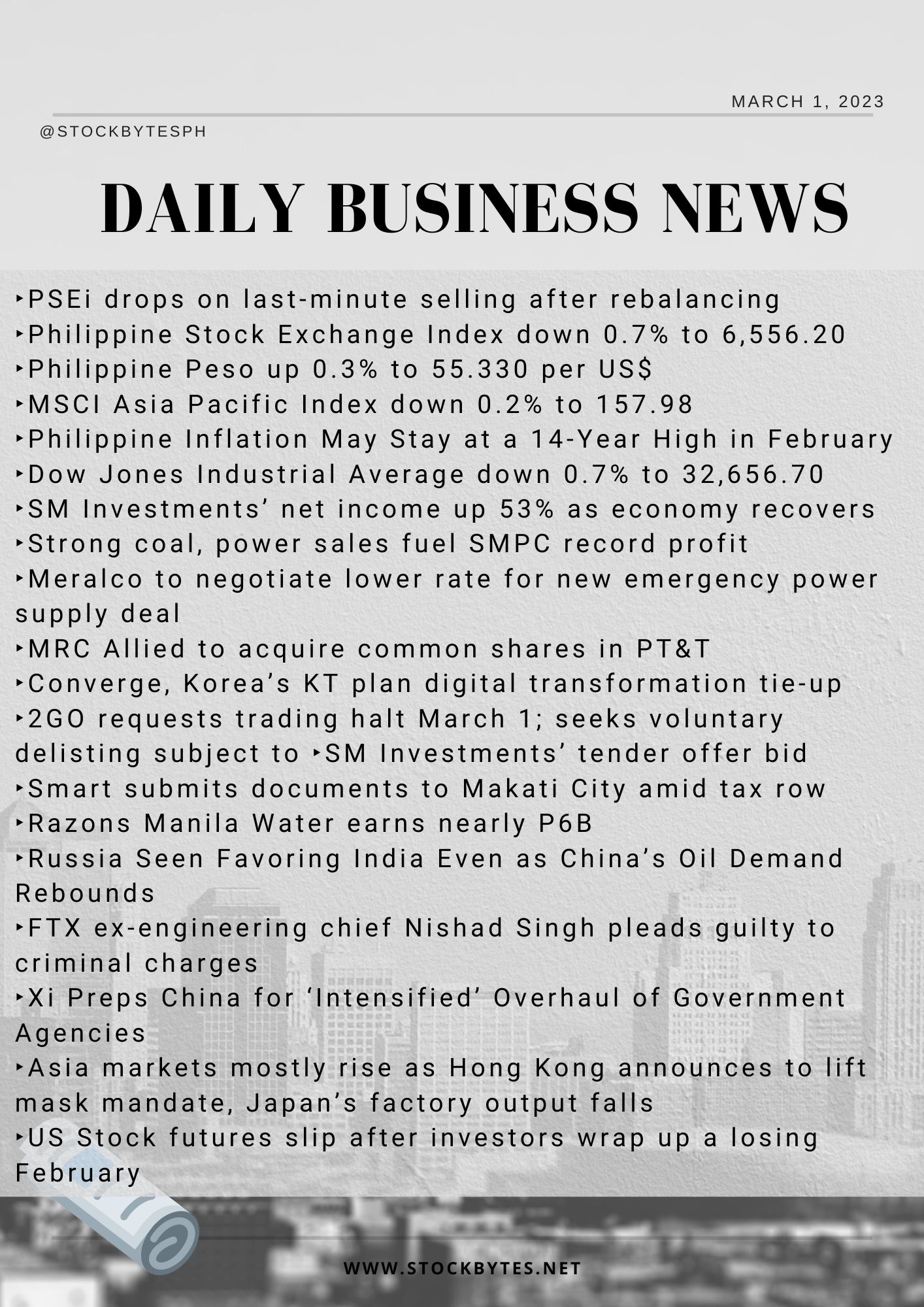 Daily news bits March 1, 2023 #PSEiupdate $PSE:PSEI Like and Follow my ...